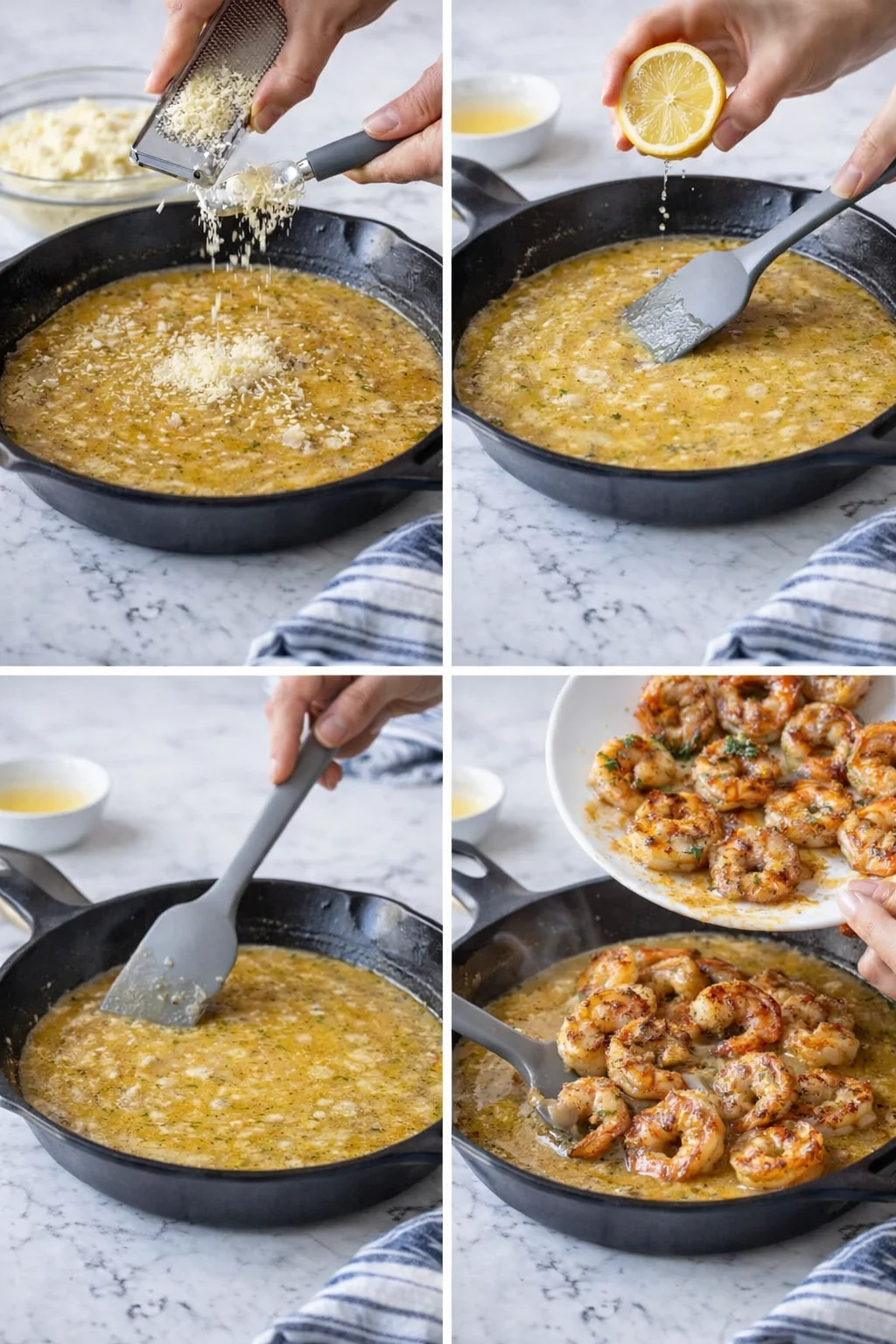 Collage of a cast-iron skillet with creamy sauce, grated cheese, lemon, and shrimp being added.