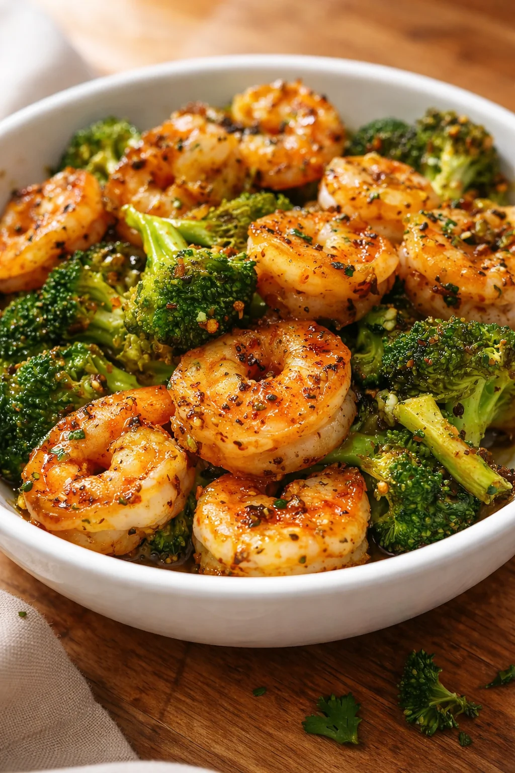 bowl of seared shrimp and broccoli with a glossy herb-seasoned glaze