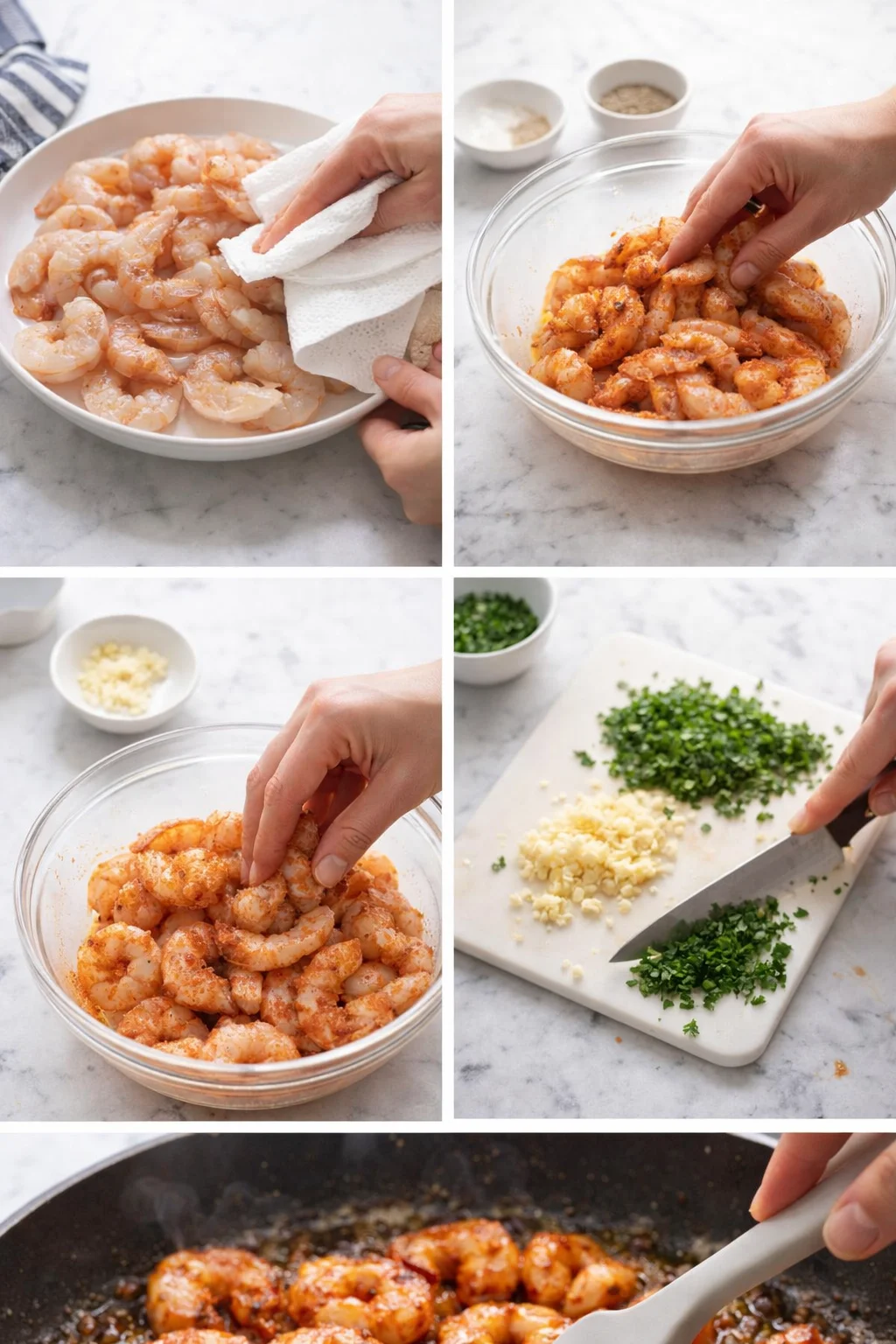 Collage showing shrimp prep: raw shrimp, mixing with spices, chopped garlic and herbs, cooking in skillet