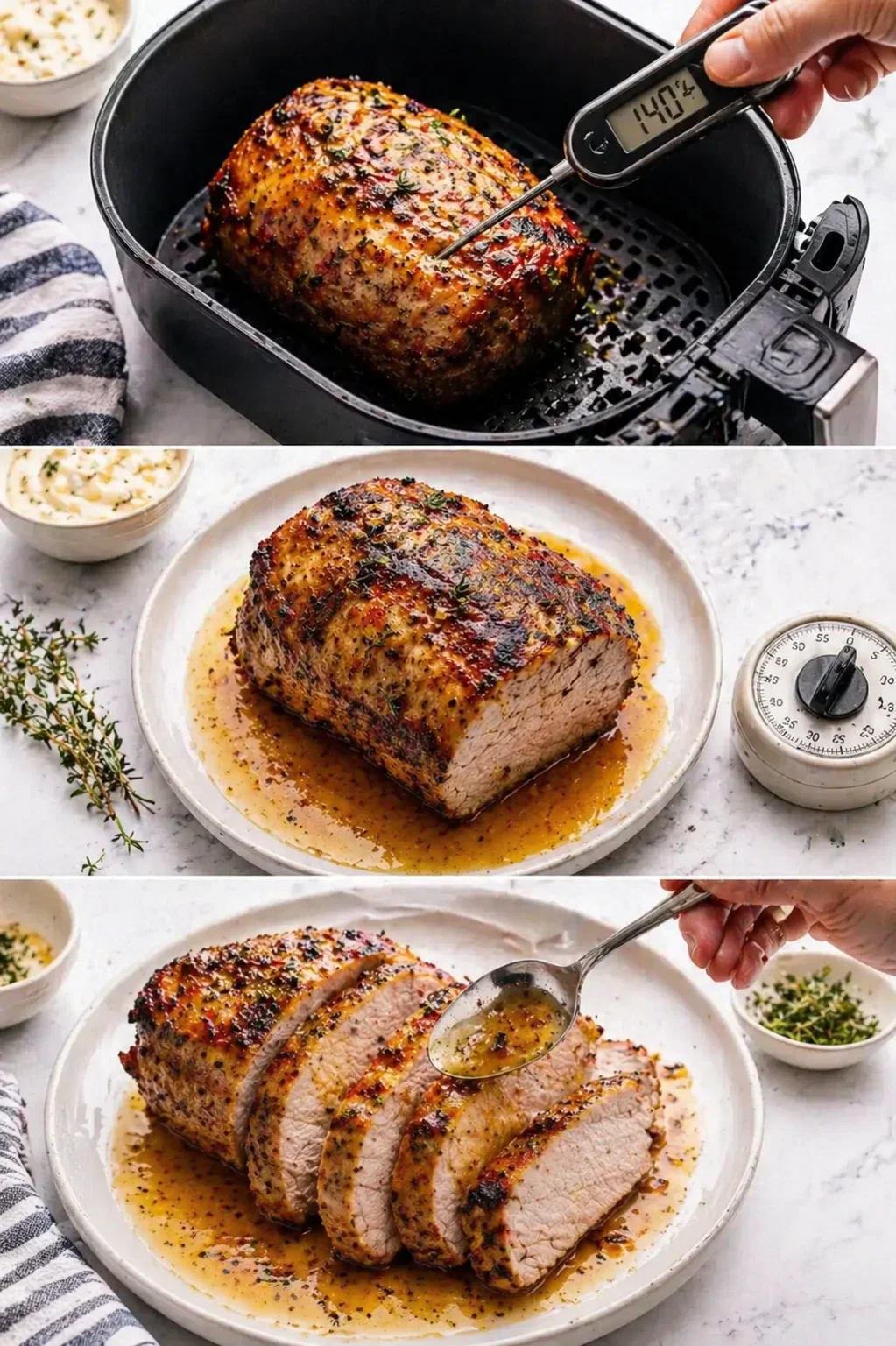 Herb-crusted pork roast with pan sauce, sliced on a white plate.