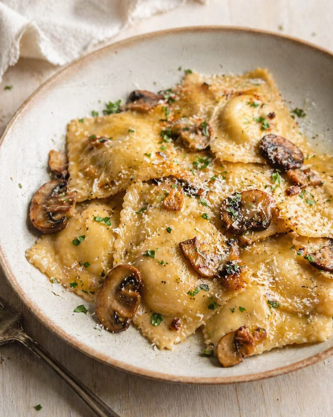 Creamy mushroom ravioli on a beige plate, topped with parmesan and parsley.