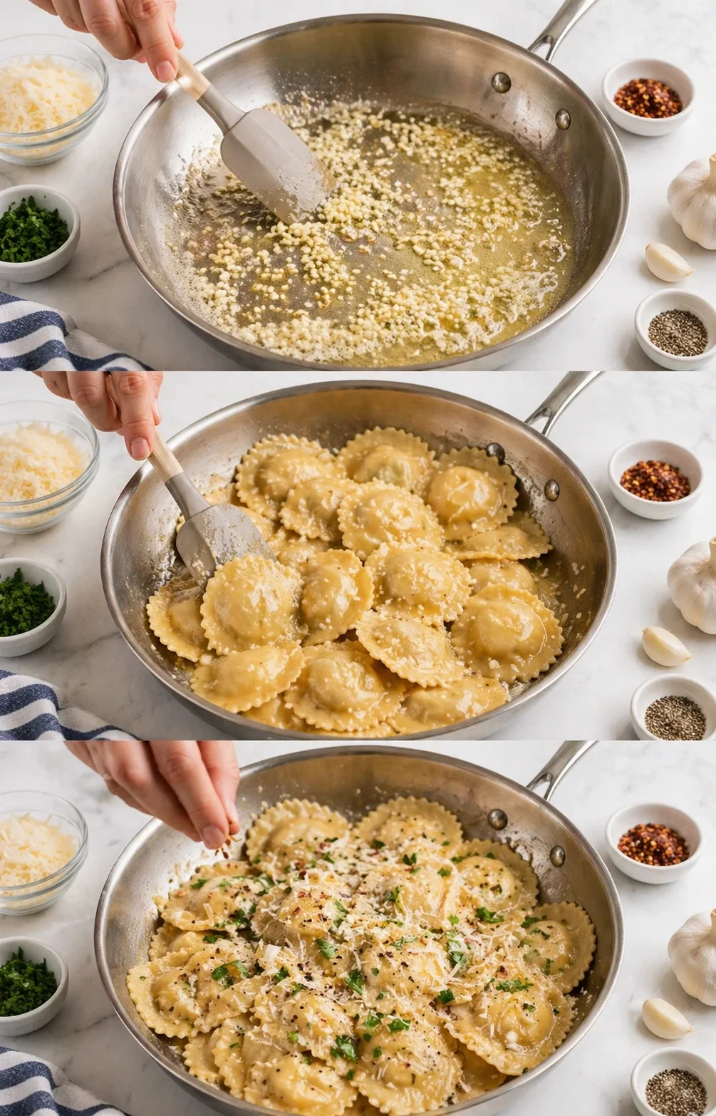 stainless skillet with butter-garlic sauce and ravioli, surrounded by grated cheese, parsley, and garlic on a marble countertop.