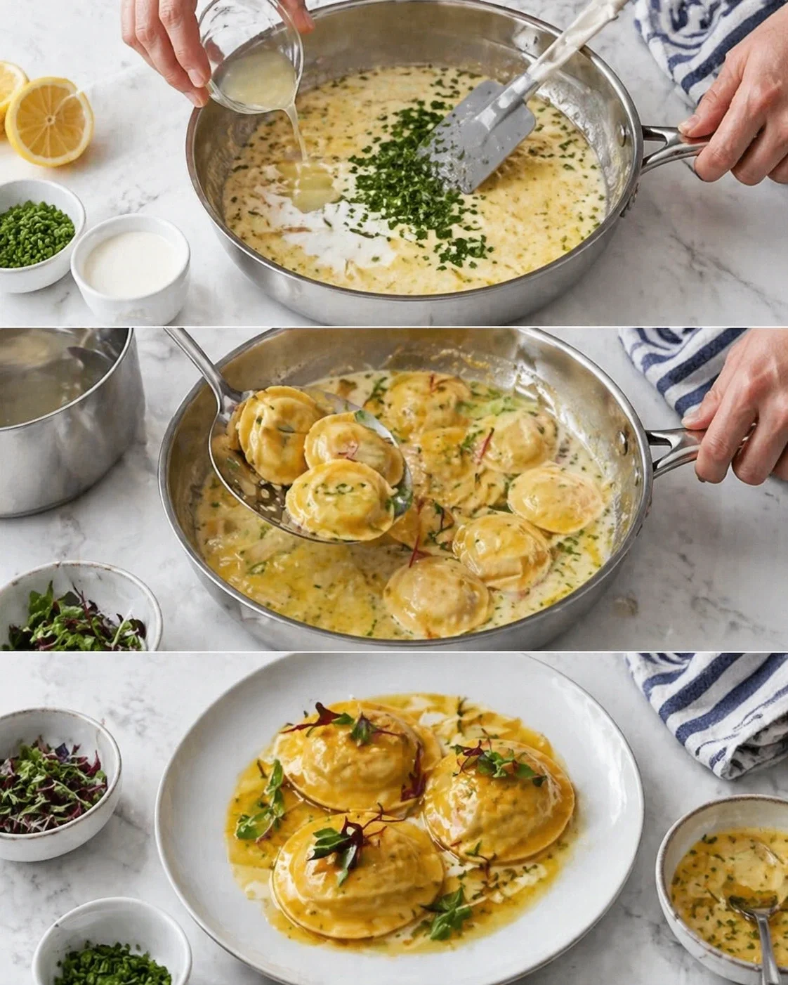 Collage of a creamy lemon herb sauce being prepared, ravioli added, and plated ravioli in sauce.