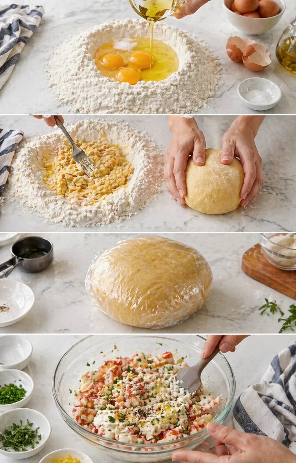 Collage of dough-formation steps: flour well with eggs, olive oil, kneading, and filling.