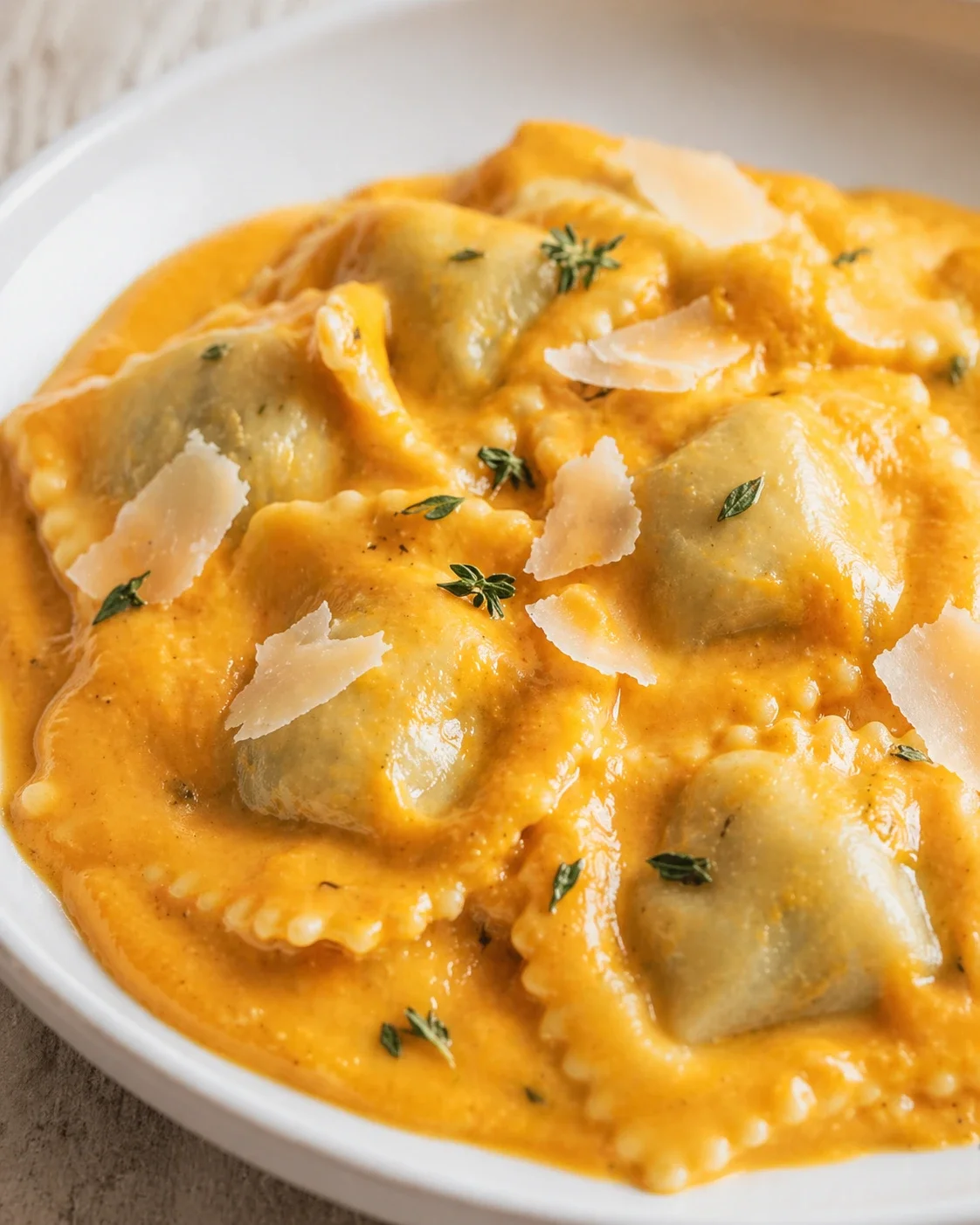 Ravioli in a bright orange cheese sauce, topped with parmesan flakes and thyme in a white bowl.