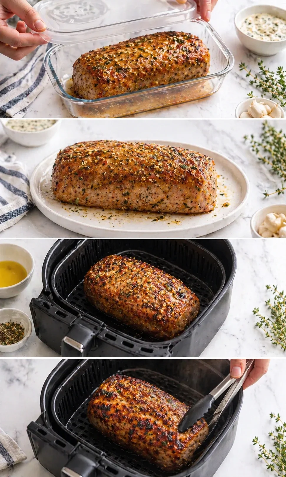 Herb-crusted roasted meat loaf in a glass dish on a marble countertop with thyme sprigs and small bowls nearby.