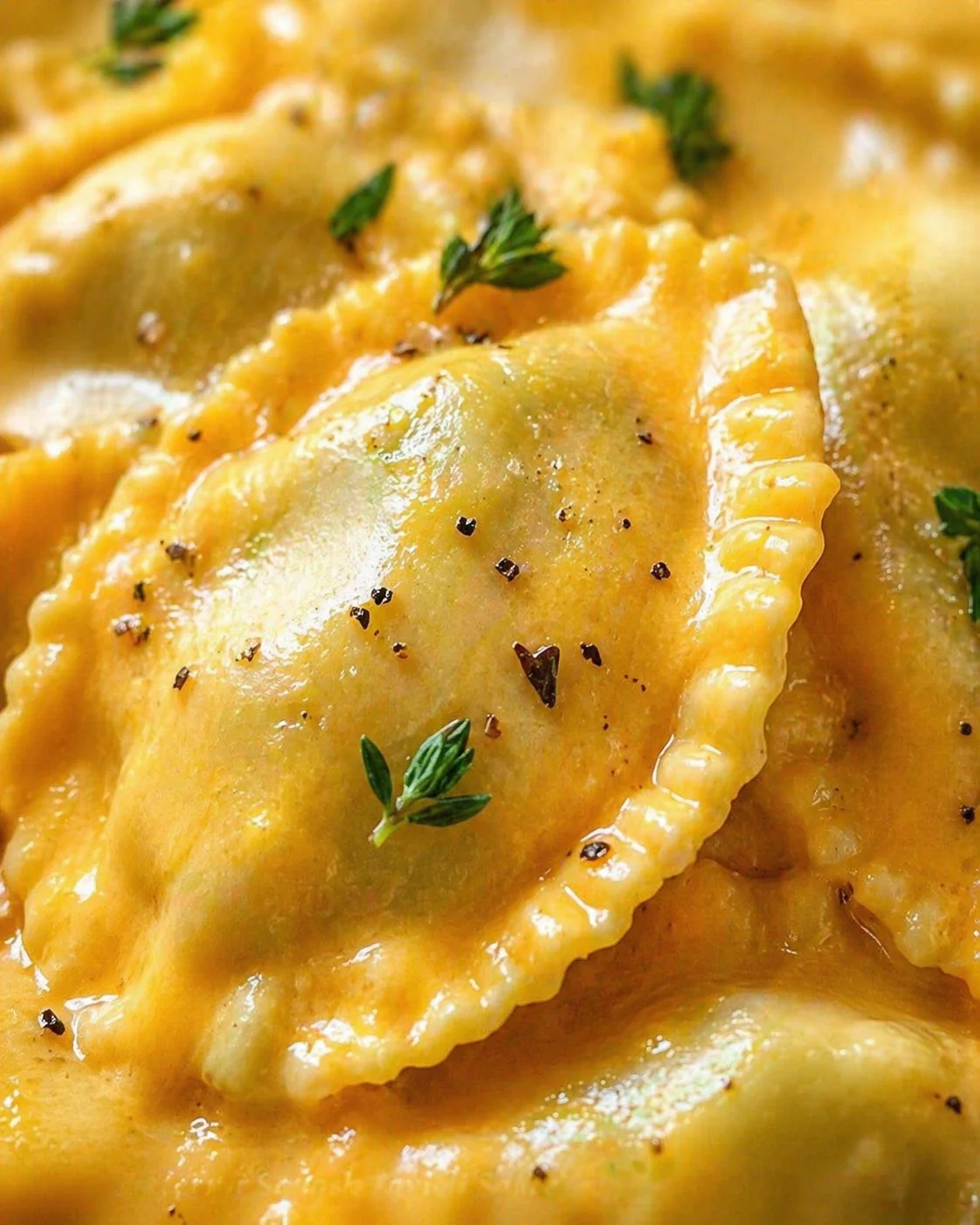 Close-up of glossy, golden butter-sauce ravioli with thyme and pepper.