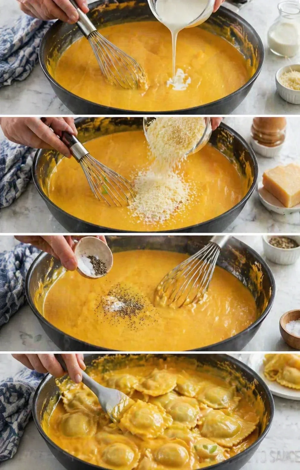 collage of hands whisking, pouring milk, adding cheese, and cooking ravioli in orange cheese sauce