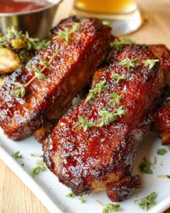 Glazed barbecue ribs on a white plate, garnished with fresh thyme sprigs.