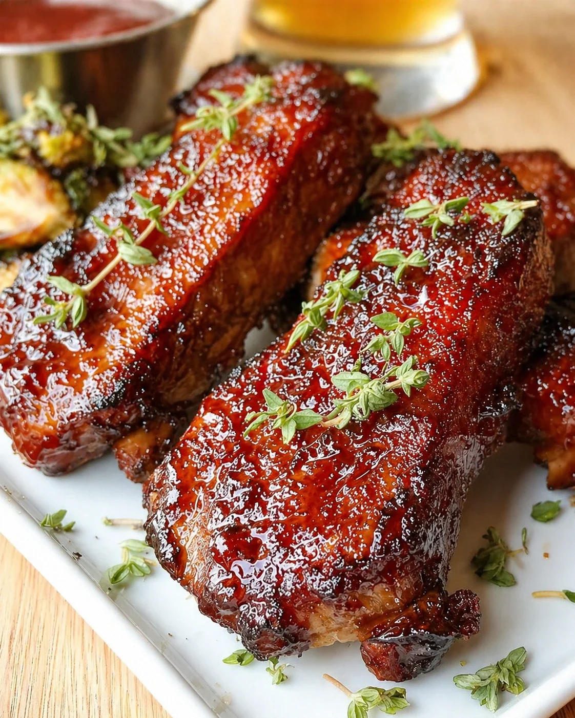 Glazed barbecue ribs on a white plate, garnished with fresh thyme sprigs.