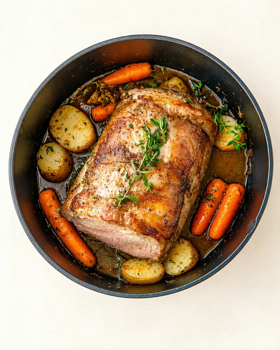 top-down view of a roasted pork loin with crispy skin, surrounded by potatoes and carrots in a black Dutch oven, garnished with thyme