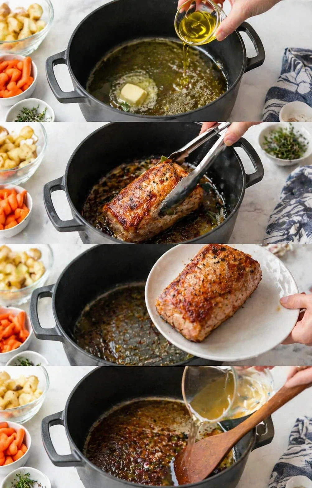 Multi-panel cooking sequence of browning and braising pork roast in a Dutch oven.