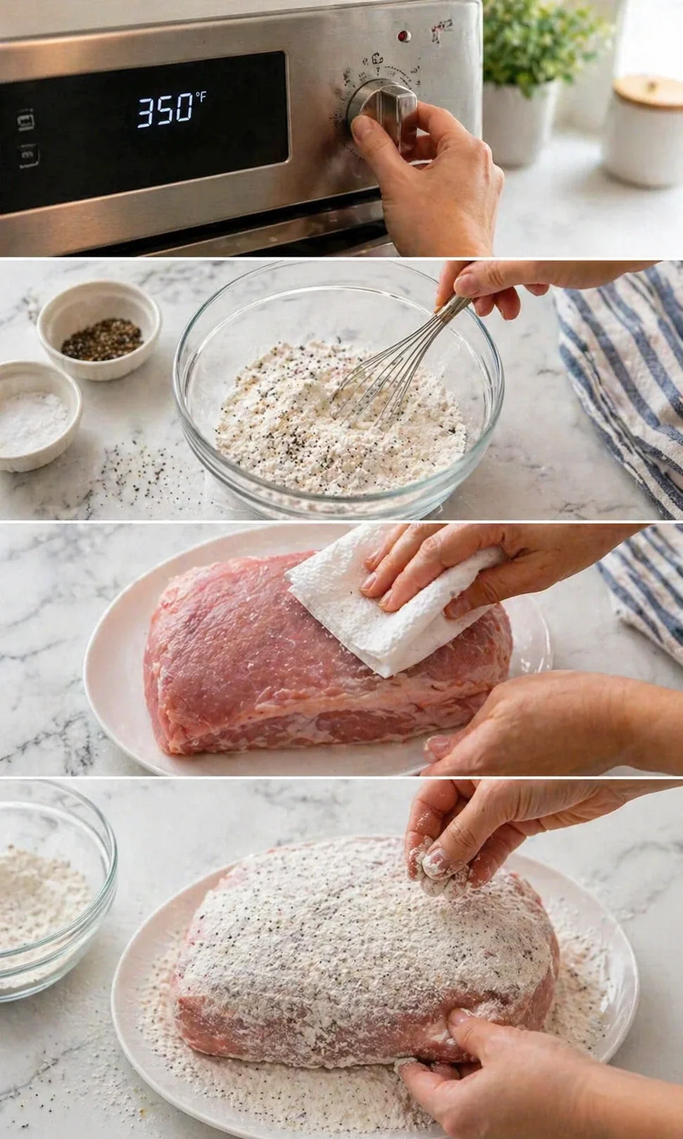 collage of step-by-step pork breading: oven preheating, whisking flour mixture, and hands coating a pork loin.