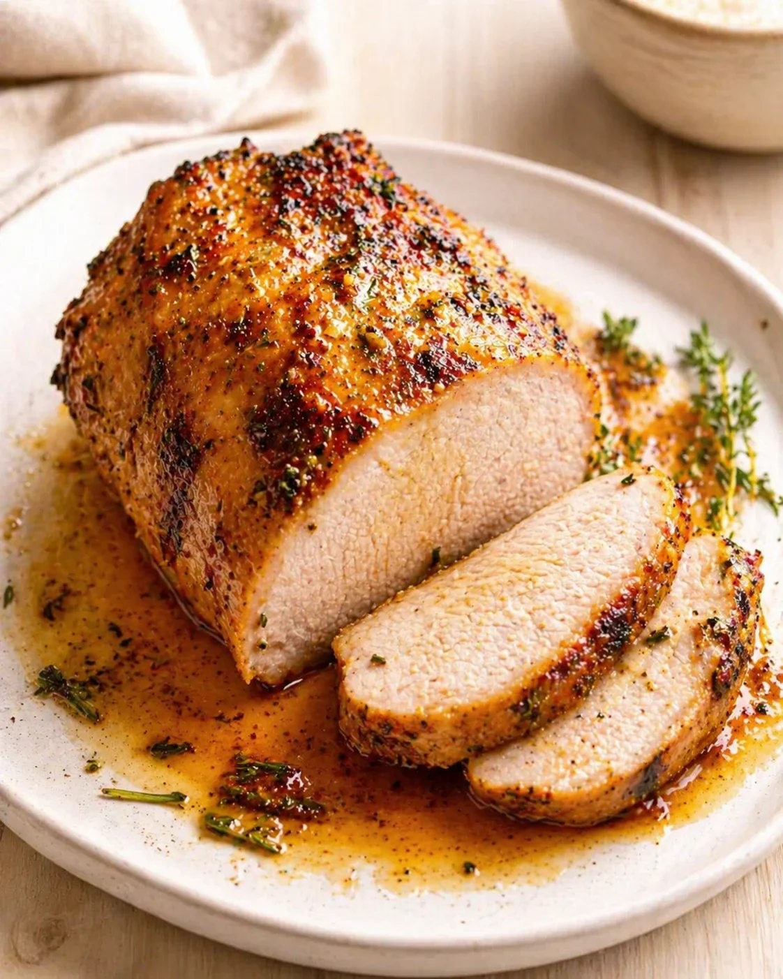 Herb-crusted roasted pork loin, sliced to reveal juicy interior, on a plate with pan sauce.