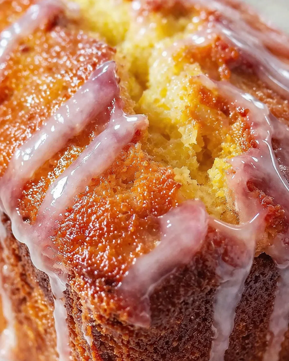 close-up of a golden-brown cake with glossy pink glaze dripping over the edges