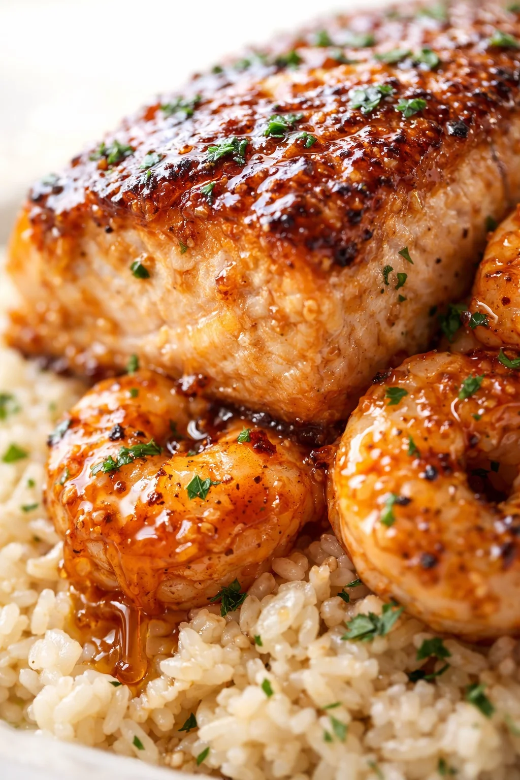 Glazed roasted chicken over creamy risotto with shrimp and parsley on a white plate.