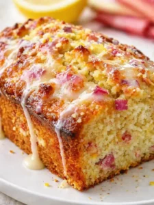 Close-up of a sliced loaf cake with pink fruit pieces and white glaze on top.