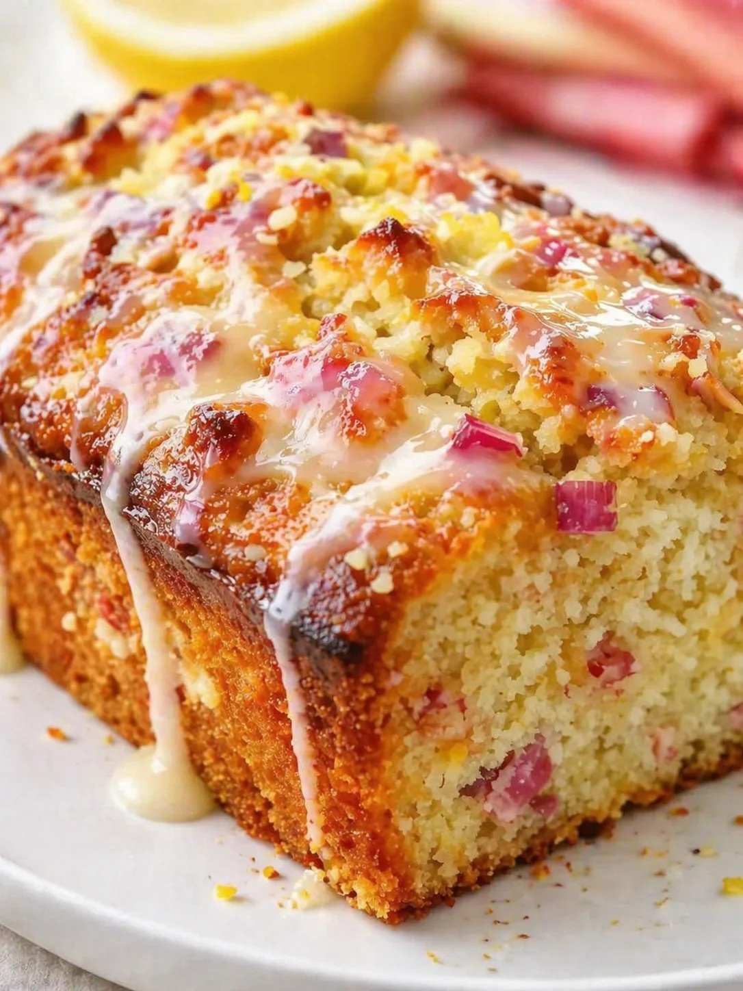 Close-up of a sliced loaf cake with pink fruit pieces and white glaze on top.