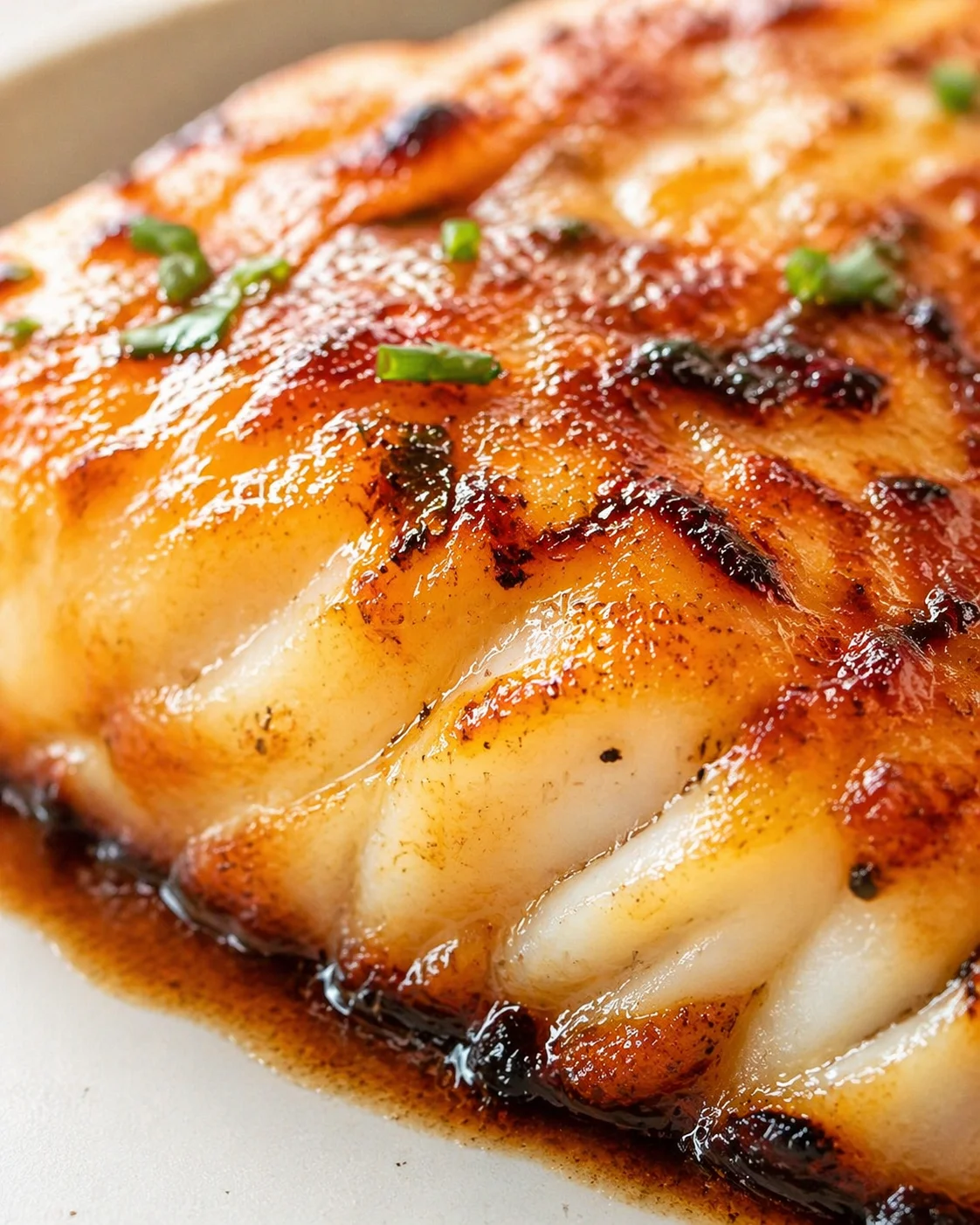 Close-up of caramelized pork belly with glossy glaze and green onion garnish.