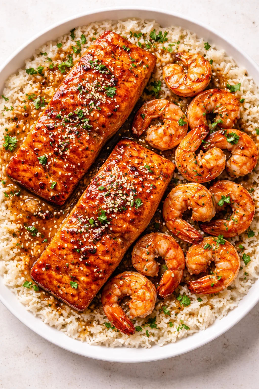 Plated dish with glazed salmon, shrimp, and white rice, garnished with sesame and herbs.