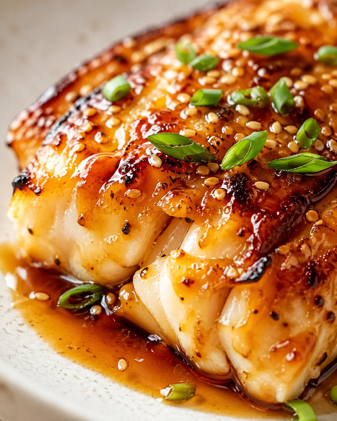 close-up of glossy glazed fish fillet with sesame seeds and sliced green onions