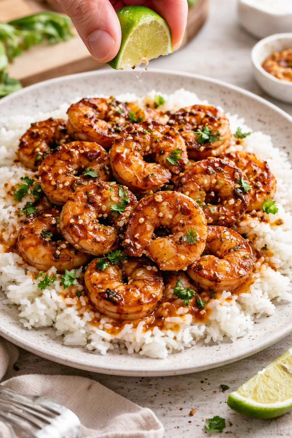 Shrimp in glossy glaze atop white rice, garnished with sesame and cilantro, while lime juice is squeezed overhead.