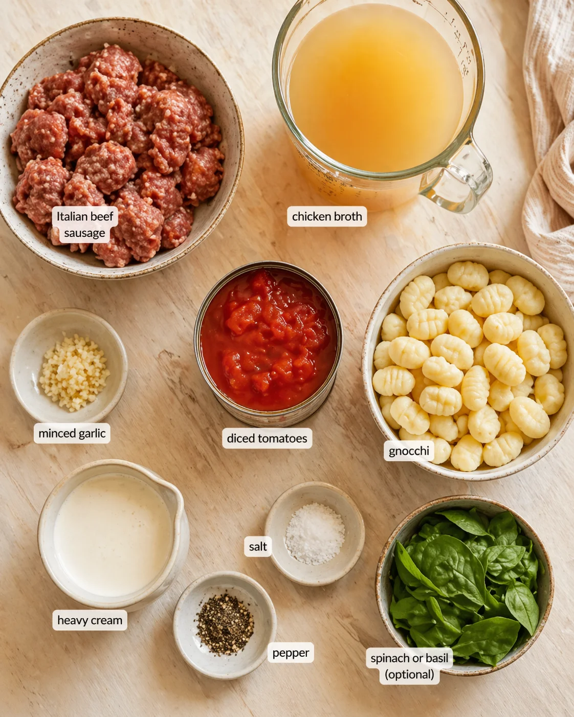 Top-down view of flat-lay ingredients for gnocchi dish: sausage, gnocchi, diced tomatoes, broth, garlic, cream, and greens.