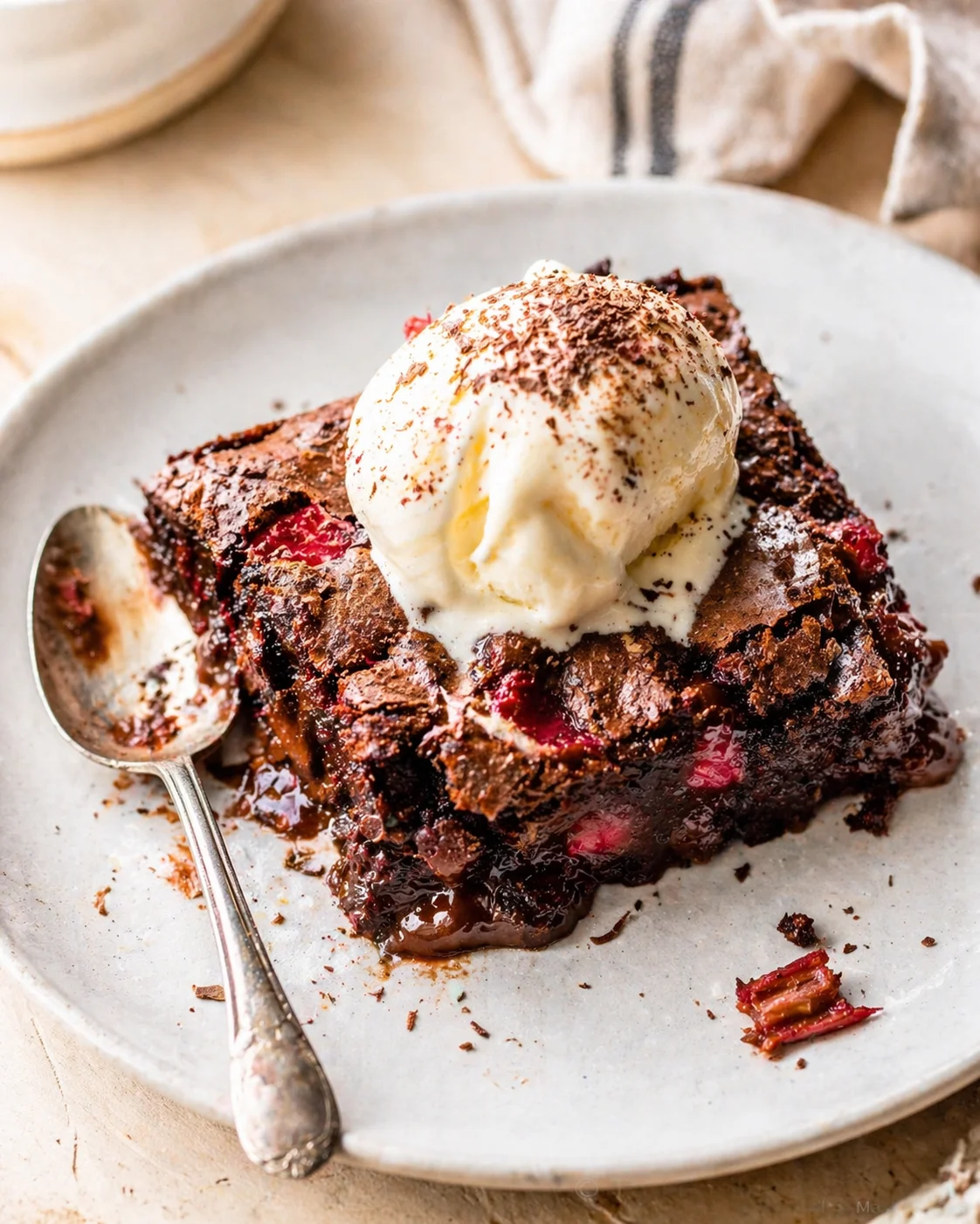 Dense chocolate brownie with berry pieces, topped by vanilla ice cream and chocolate shavings.