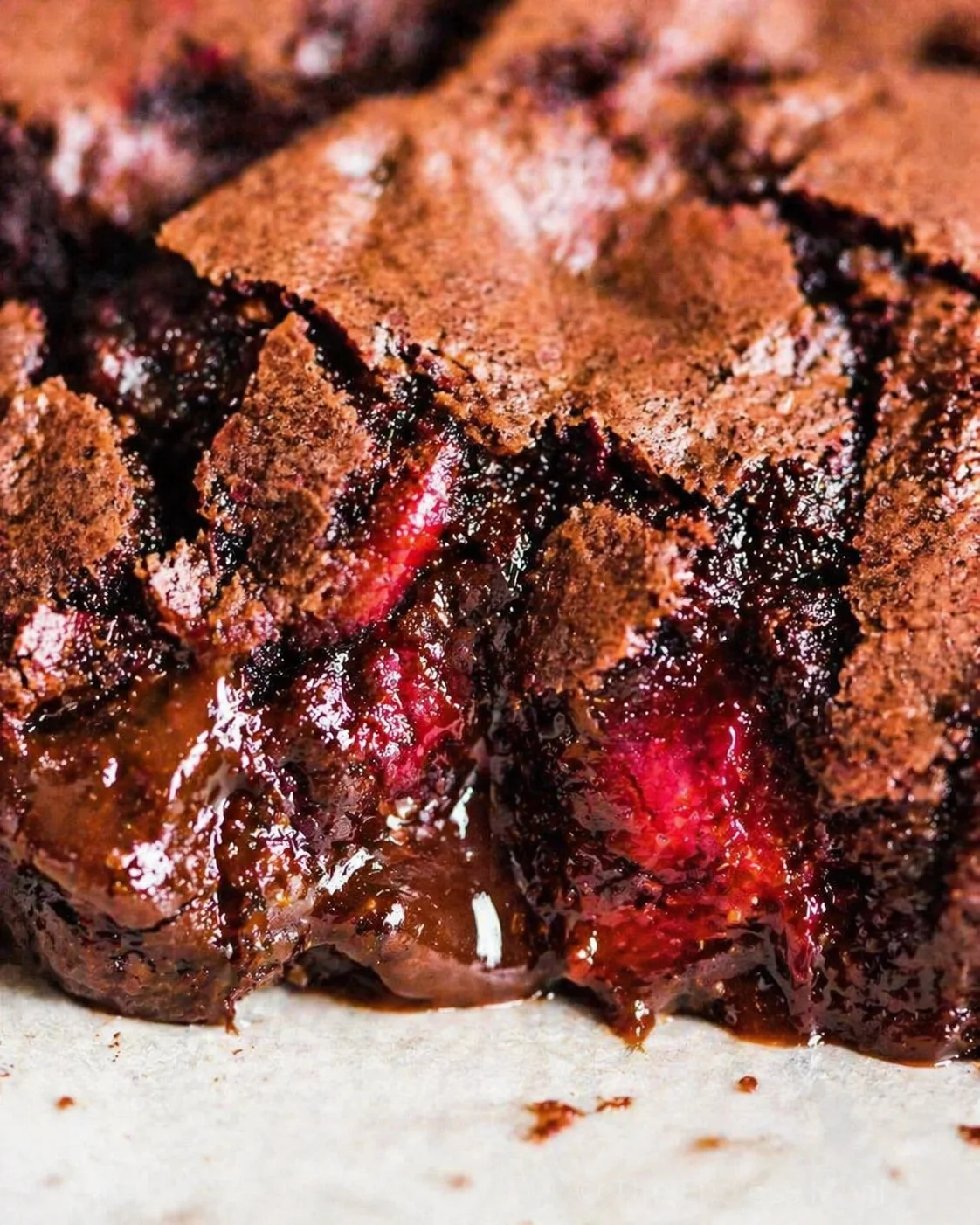 close-up of a gooey chocolate cherry cake with cherry filling oozing from a crumbly crust