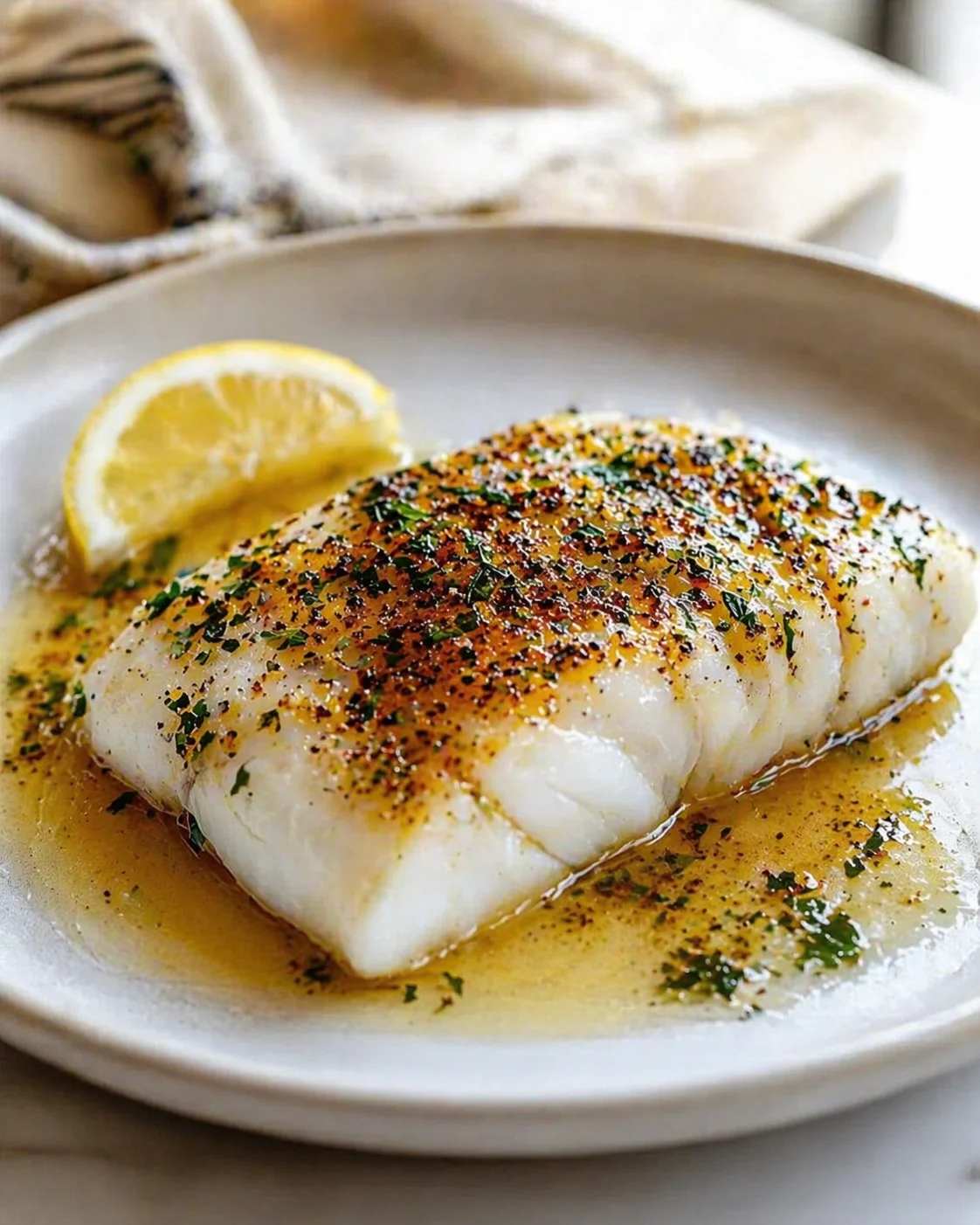 Plated white fish fillet with golden herb crust, lemon wedge, and butter sauce.