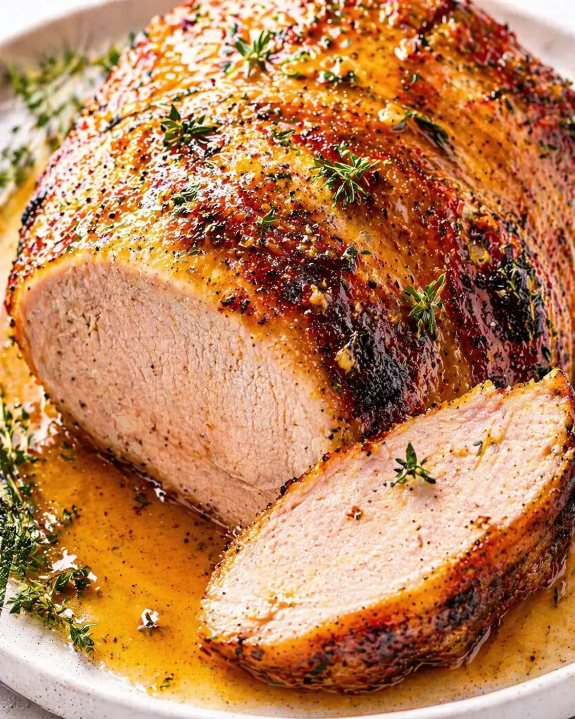 close-up of herb-crusted roasted pork, sliced to show pink center, garnished with thyme
