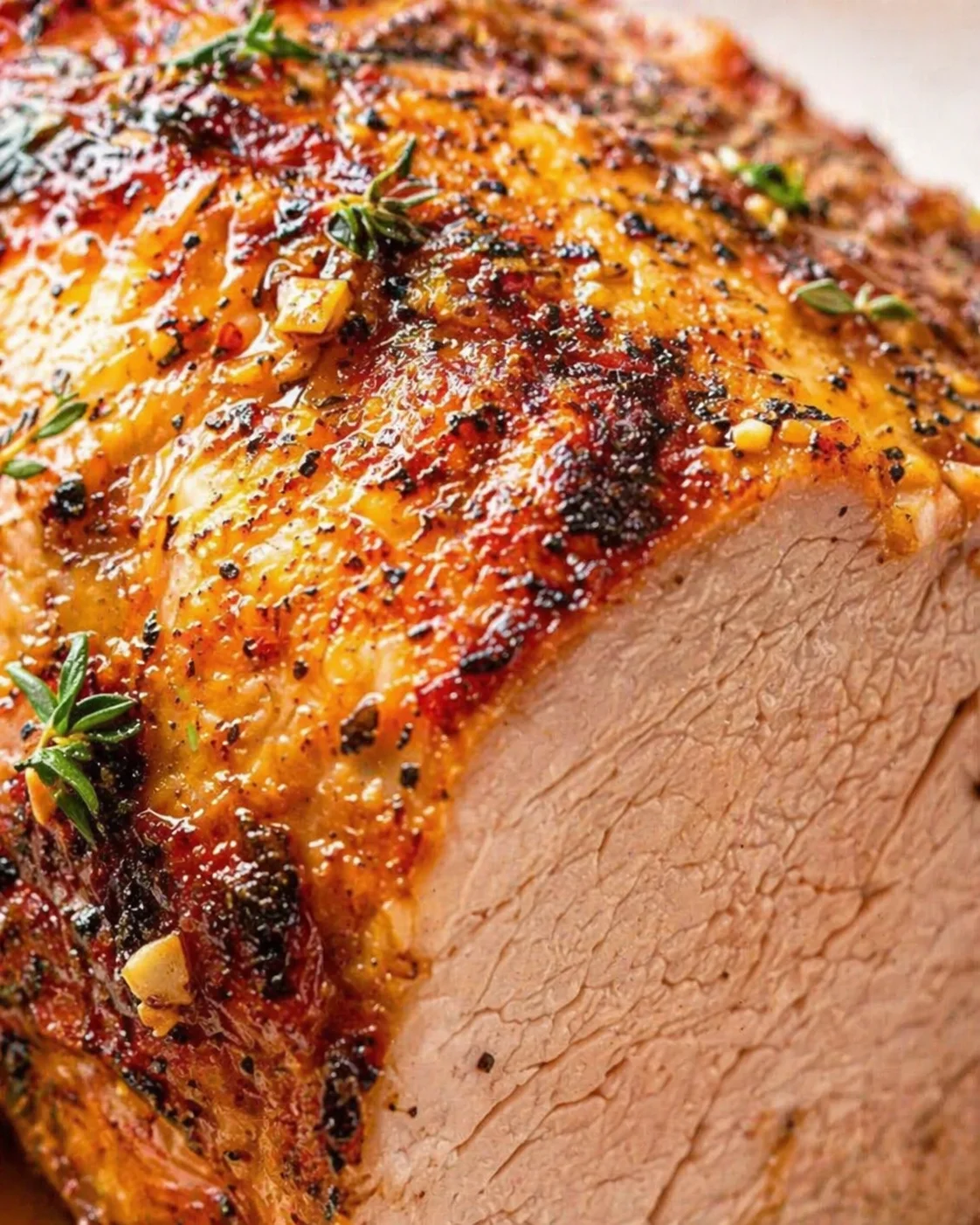 Close-up of herb-crusted roasted pork with glossy golden crust and thyme sprigs.
