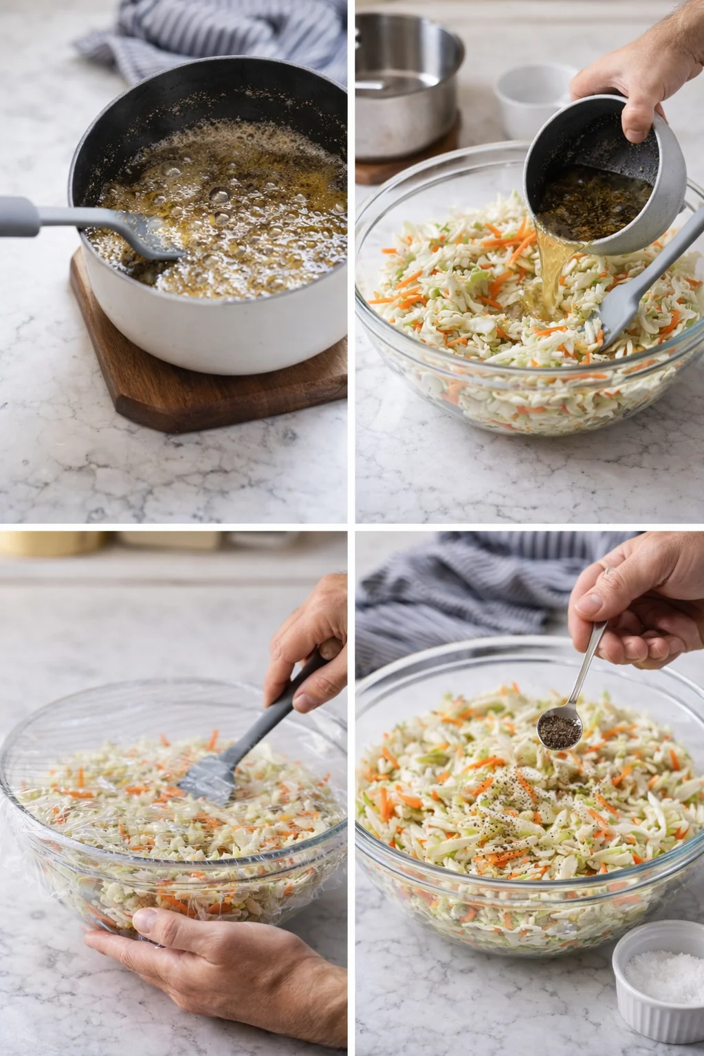 Four-panel collage showing stages to make coleslaw with dressing poured over shredded cabbage and carrots.