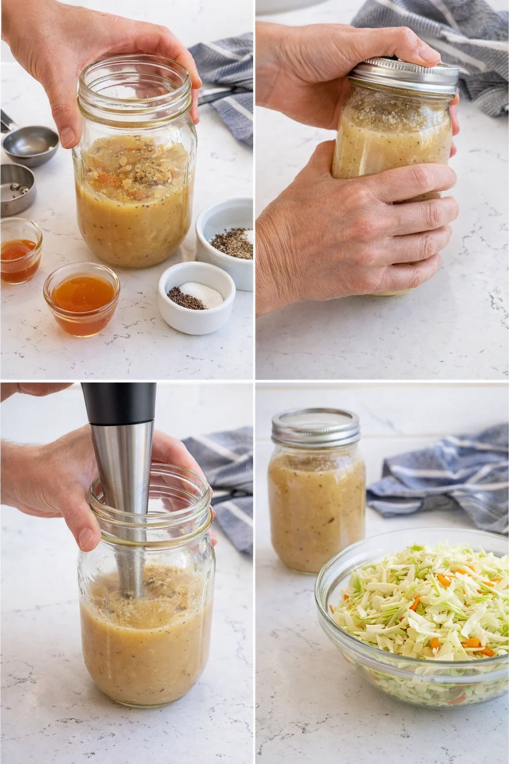 Hands prepare a jarred salad dressing in a bright kitchen, with ingredients and shredded cabbage nearby.