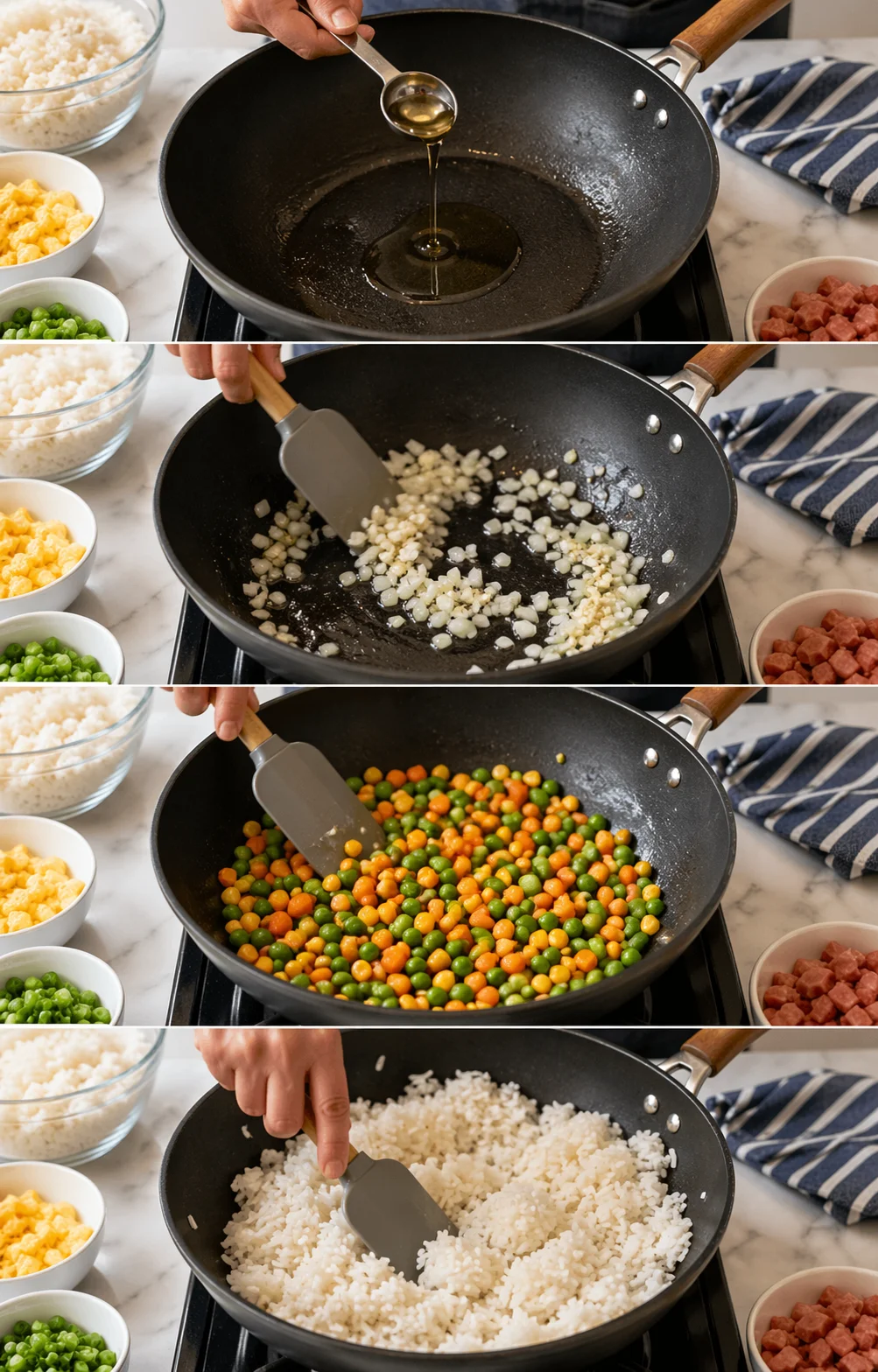 Four-panel collage showing oil poured, onions sautéing, vegetables added, and rice frying in a wok.