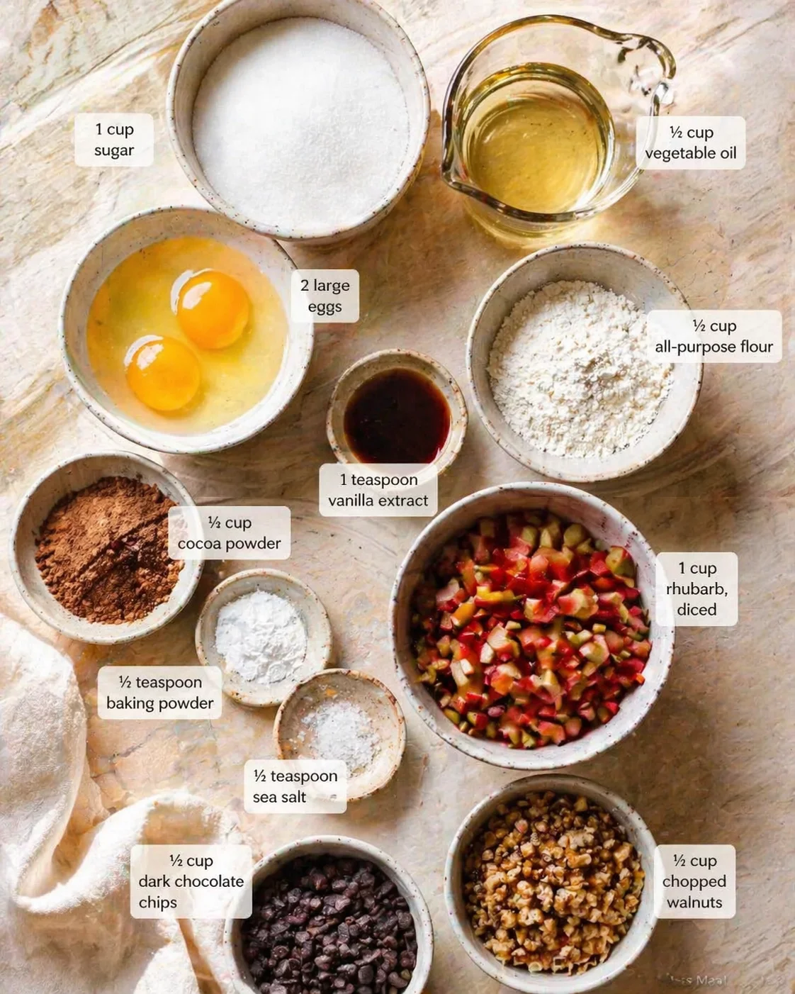 Overhead view of labeled bowls with eggs, sugar, flour, vanilla, oil, rhubarb, and more for baking.