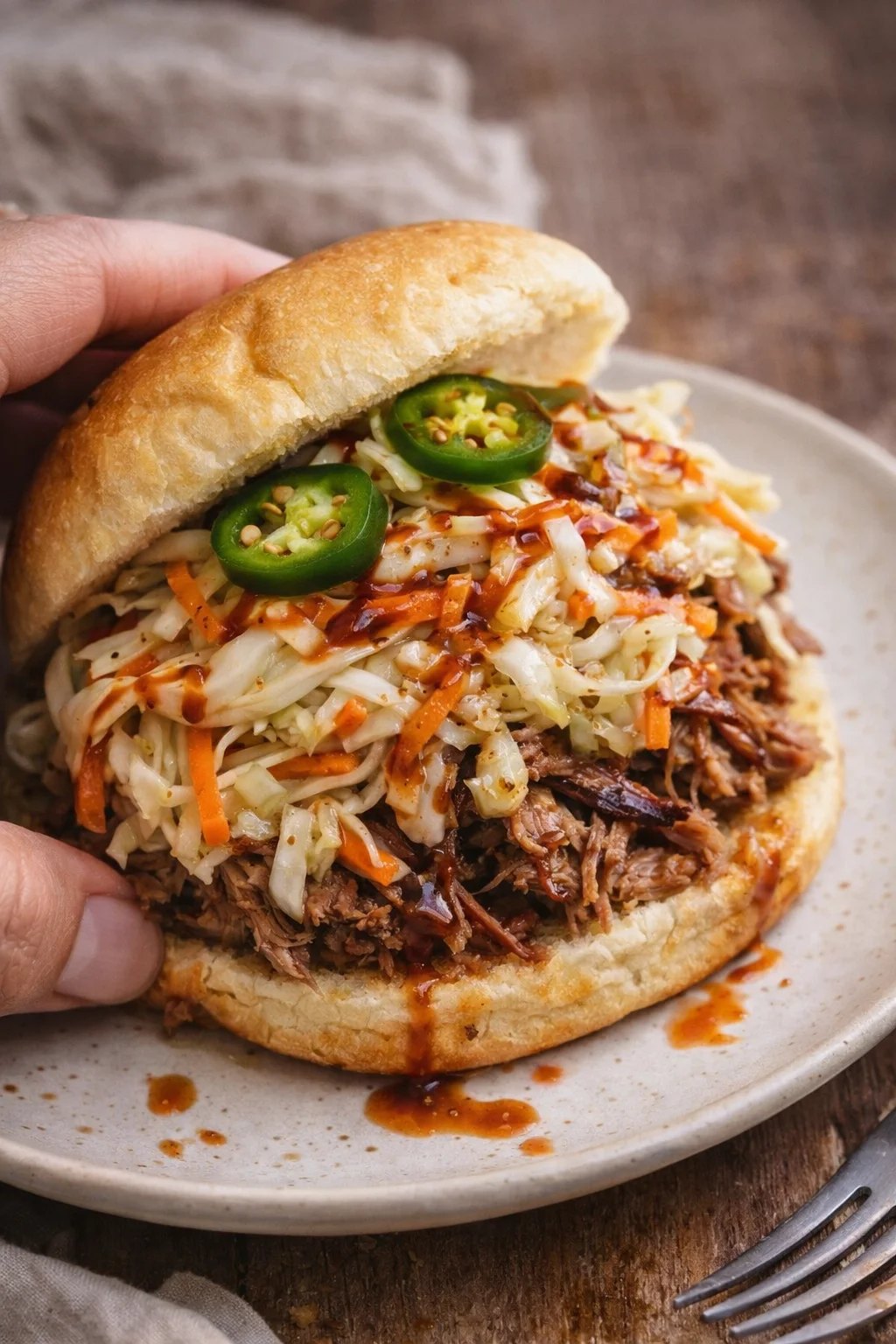 Close-up of a pulled-pork sandwich with cabbage slaw, jalapeño slices, and spicy sauce on a rustic plate.