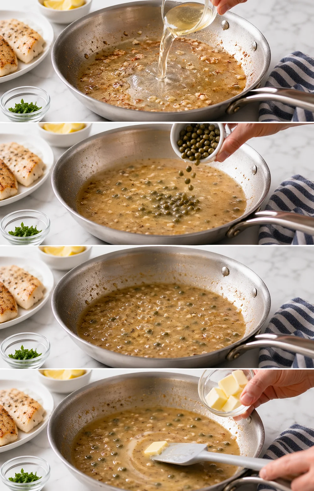 Four-panel sequence of a skillet sauce being made beside seared fish fillets