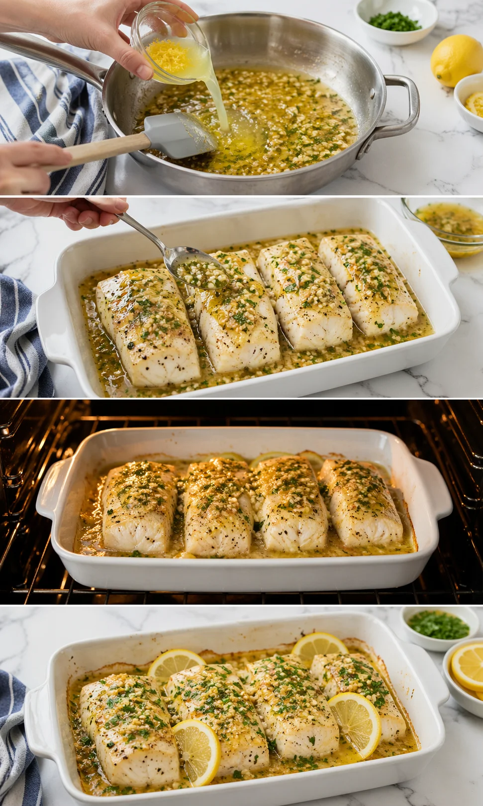 collage shows lemon-butter-garlic sauce and herb-crusted white fish fillets baked in a white dish on a marble countertop.