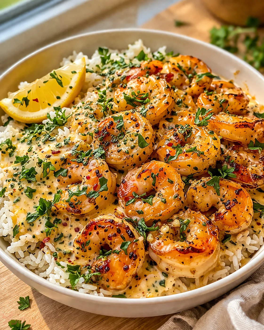 shrimp in creamy lemon-butter sauce over rice, garnished with parsley and a lemon wedge