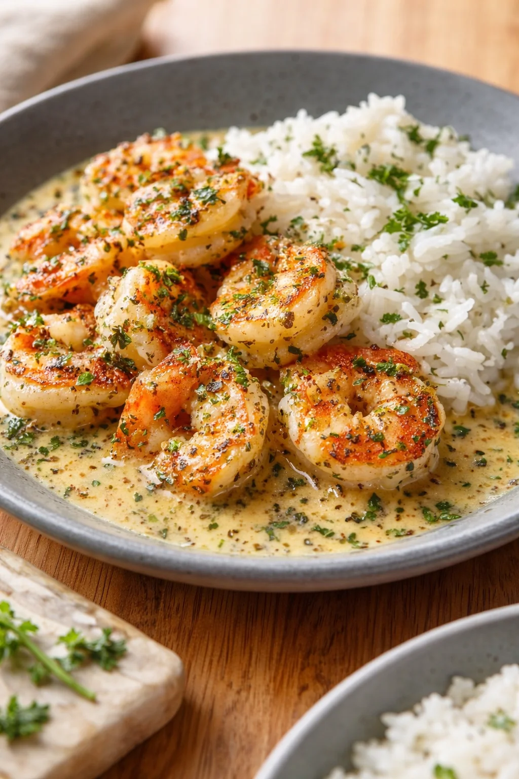 Shrimp in creamy herb sauce served with white rice in a gray bowl.