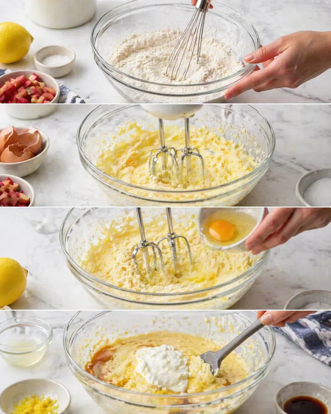 Five-panel collage showing lemon cake batter being mixed with flour, butter, eggs, and zest.