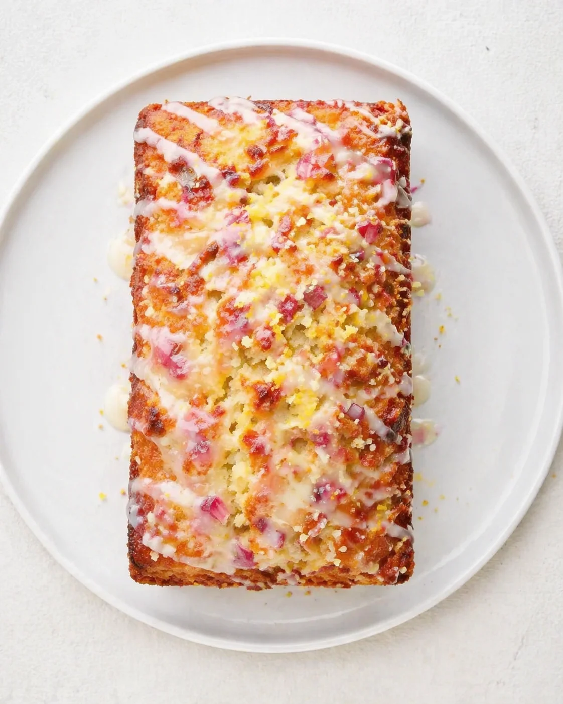 loaf cake on white plate with glaze and pink fruit pieces