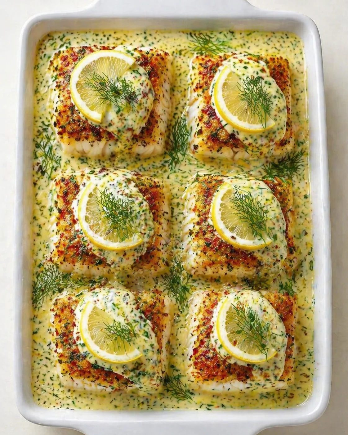 Salmon fillets with lemon-dill cream sauce in a white baking dish, garnished with lemon slices and dill.