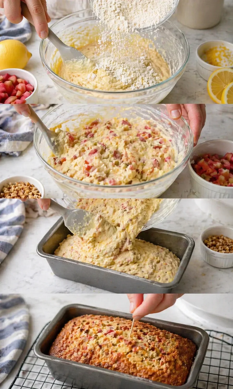 Collage showing batter being mixed with flour, fruit and nuts, poured into loaf pan, then baked.