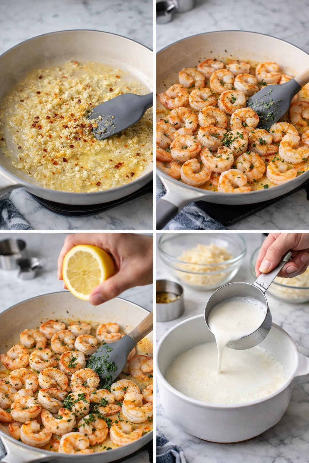 Four-panel collage showing garlic-butter base, shrimp in cream sauce, lemon being squeezed, and milk being poured.