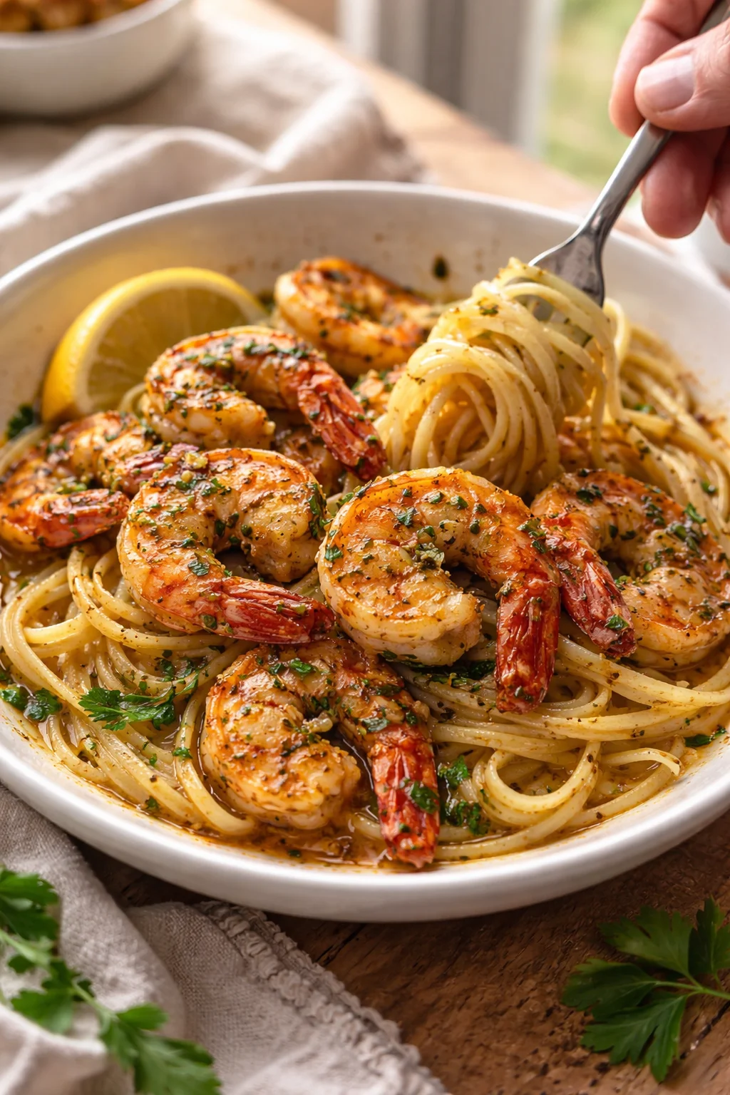 Plated lemon-garlic shrimp pasta in a white bowl with a lemon wedge and parsley
