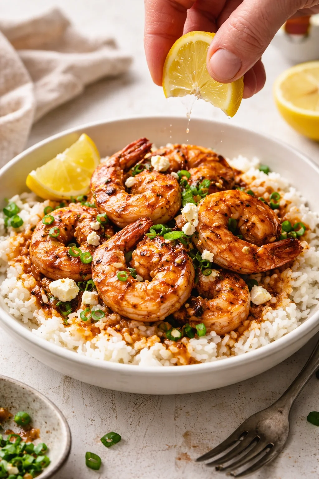 bowl of white rice topped with grilled shrimp, lemon wedge, and green onion