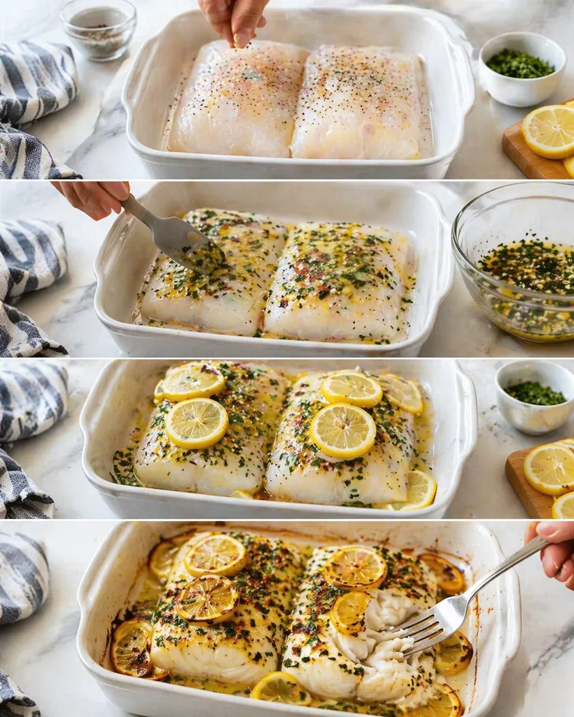 Series of steps showing cod fillets in a white baking dish, being seasoned, topped with herbs and lemon slices.