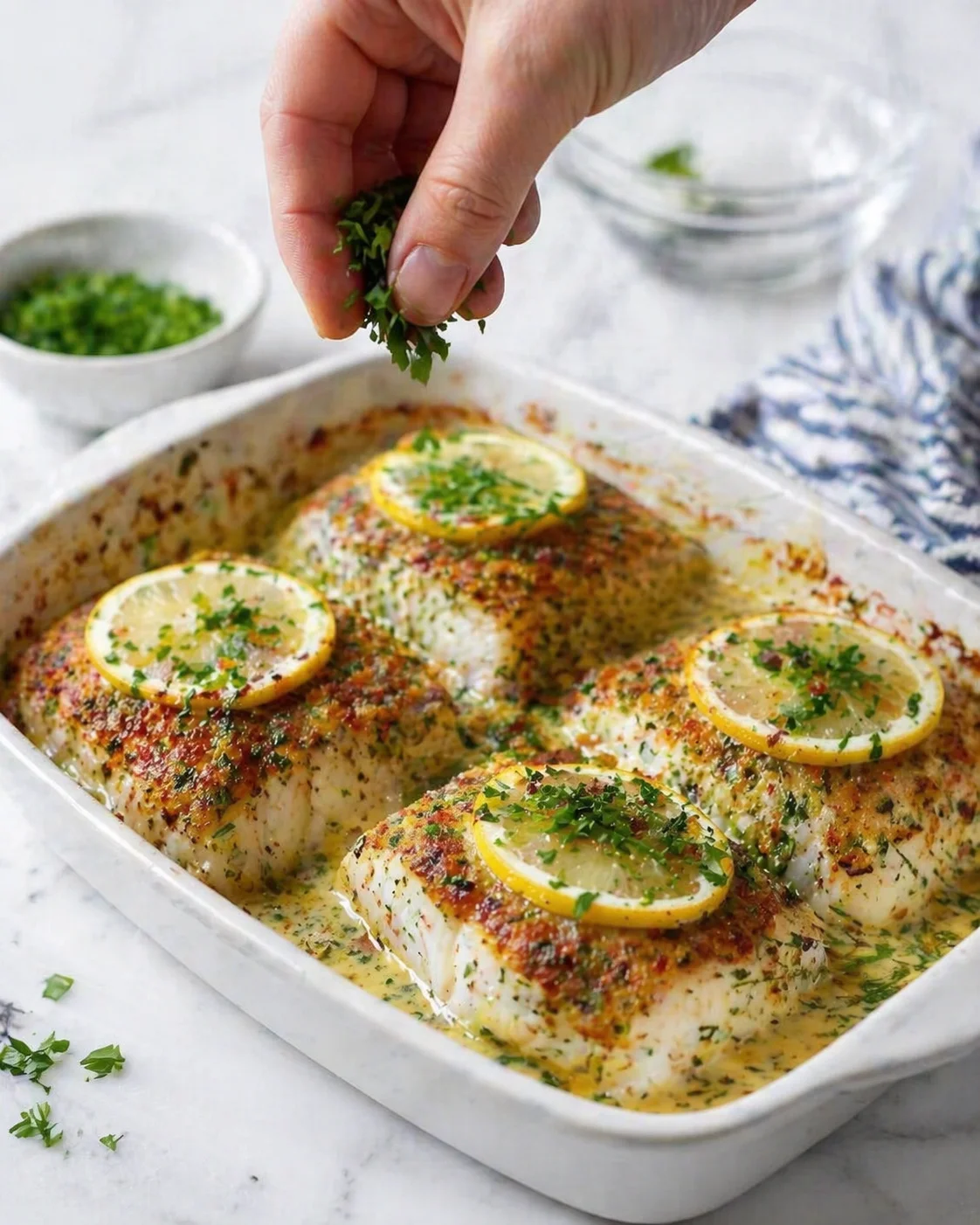 White fish fillets baked in a creamy lemon-herb sauce, topped with lemon slices and parsley.